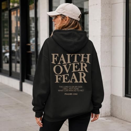 Wrenpies Faith Over Fear Hoodie for Women Christian Jesus Bible Verse Sweatshirt God Religious Oversized Tops - color: Black, size: X-Large