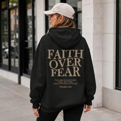 Wrenpies Faith Over Fear Hoodie for Women Christian Jesus Bible Verse Sweatshirt God Religious Oversized Tops - color: Black, size: X-Large