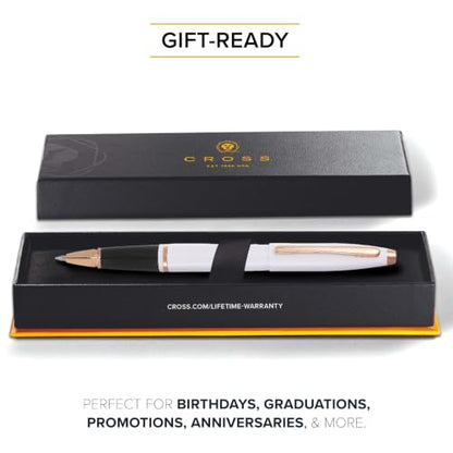 Cross Calais Rollerball Pen, White with Rose Gold, Medium Point, Black Ink - color: White