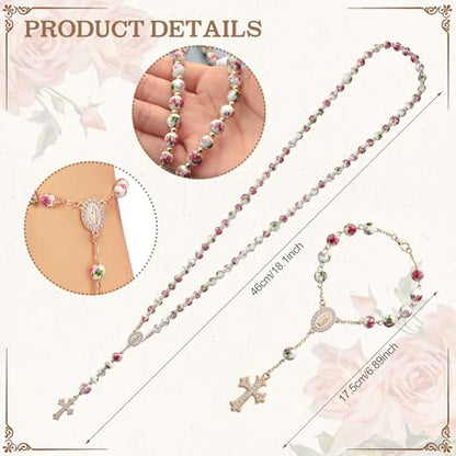 WILLBOND 3 Pcs First Communion Rosary and Candle Present Set, Rose Rosary