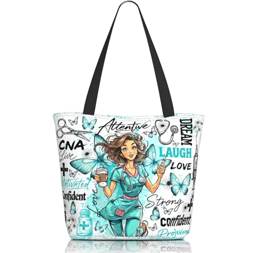 Tote Bag for Women，Everyday Carry Large Capacity Reusable Shopping Bag With Zipper For Groceries Work & Travel - color: Cute Green Nurse