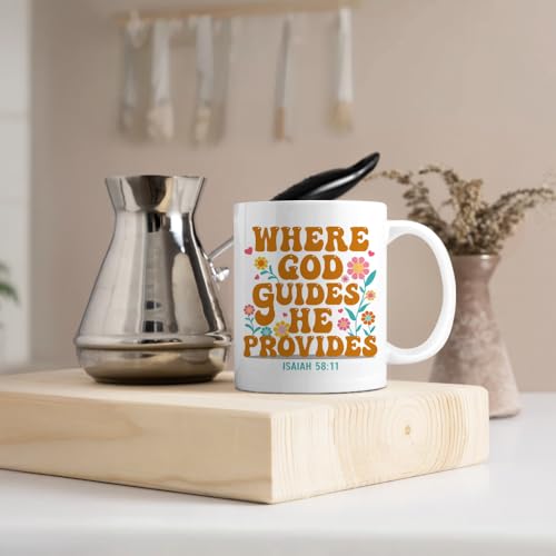 Where God Guides He Provides 11oz Double-Sided Ceramic Mug, Funny Christian Mugs for Women Men, Christmas Birthday Thanksgiving Bible Verse Coffee Cup, Religion Christian Gifts for Family Friend - color: White50
