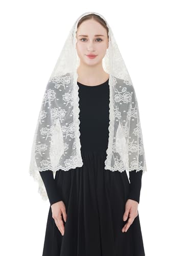 Wgior Catholic Chapel Veil – Floral Mantilla Head Covering for Church, Prayer, and Modesty – Soft Rectangular Shawl - color: Ivory
