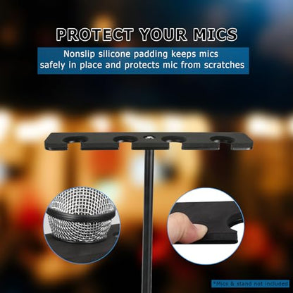 Multi Mic Holder for Mic Stand, Multiple Microphone Organizer and Display for Wired and Wireless Mics, Hold Up to 4 Microphones, Aluminum, Black