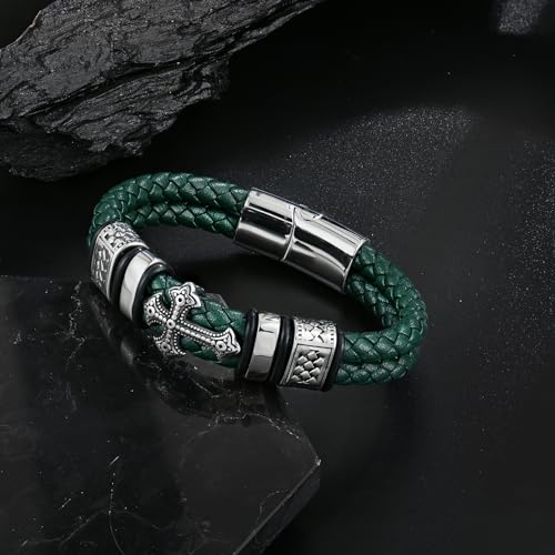Mens Christian Cross Double Row Leather Bracelet, Religious Braided Cuff Bracelet for Men - color: Green, size: 8.1 inches