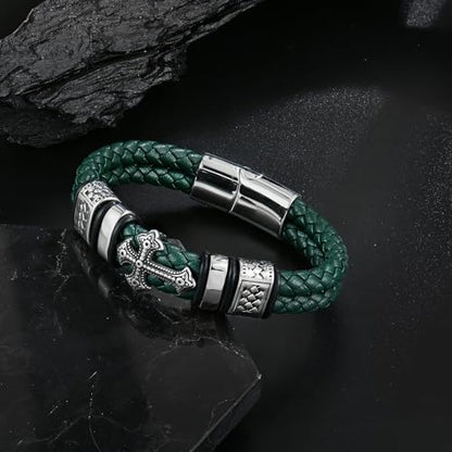 Mens Christian Cross Double Row Leather Bracelet, Religious Braided Cuff Bracelet for Men - color: Green, size: 8.5 inches
