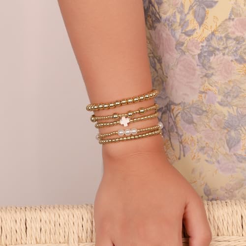 Gold Beaded Pearl Cross Bracelets Stackable Christian Stretch Jewelry Set - color: White