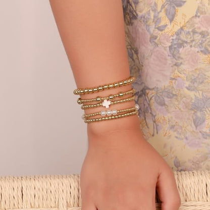 Gold Beaded Pearl Cross Bracelets Stackable Christian Stretch Jewelry Set - color: White