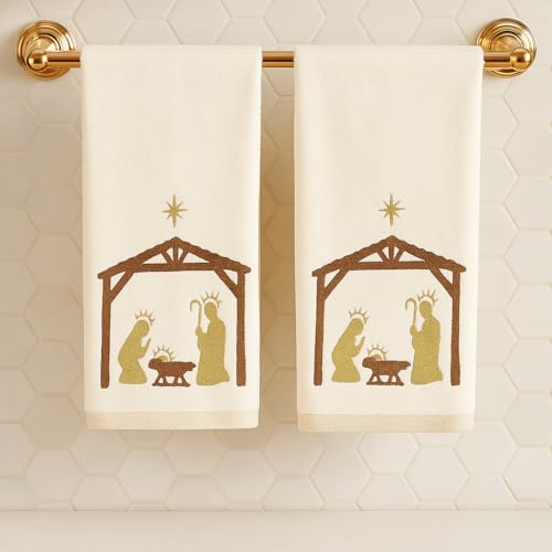 Christmas White Guest Hand Bathroom Towels, Nativity Manger Jesus, 16x26" - color: Manger