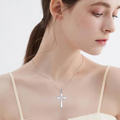 Infinity Cross Necklace S925 Sterling Silver Turquoise/Wooden/Opal/Abalone Cross Pendant Necklaces Christian Jewelry Gifts For Women - style: Opal