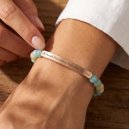Inspirational Christian Bracelet for Women, 18K Gold Plated Bible Verse Jewelry with Amazonite Beads, Religious Faith Gift for Mom, Daughter, Sister, Friend - color: A Sweet Friendship Refreshes The Soul-Amazonite Rose Gold