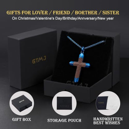 Wooden Cross Necklace for Men with Stainless Steel Adjustable Chain 24-26in, Christian Wood Crucifix Pendant Gift for Him - style: Blue Ebony