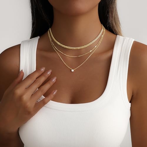 Layered Gold Necklace for Women, 14K Gold Plated Necklace Stack Set, Dainty Pendant Necklace Non Tarnish, Fashion Bow CZ Circle Star Hammered Cross Jewelry Gift for Women - color: Gold-01