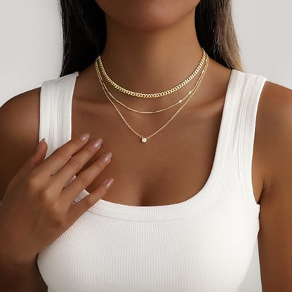 Layered Gold Necklace for Women, 14K Gold Plated Necklace Stack Set, Dainty Pendant Necklace Non Tarnish, Fashion Bow CZ Circle Star Hammered Cross Jewelry Gift for Women - color: Gold-01
