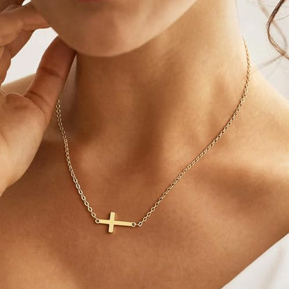 Cross Necklace for Women 14K Gold Silver Plated Small Cross Necklace Dainty Cross Pendant Choker Simple Trendy Cute Sideway Cross Charm Chain Necklaces for Women Trendy Christian Baptism Religious Faith Jewelry Gifts - size: Gold-214