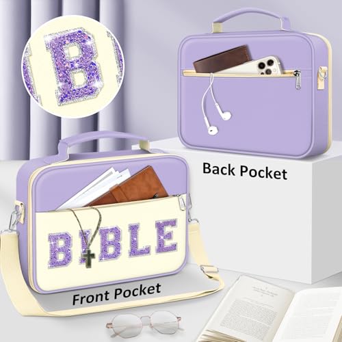 FINPAC Bible Cover with Shoulder Strap, Church Book Carrying Bible Case Bag - color: Letter Purple