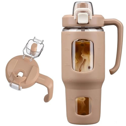 32oz Glass Tumbler with Straw Handle, Reusable Iced Coffee Cup, Amber - color: Amber
