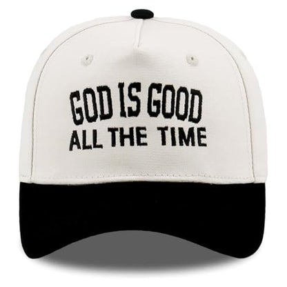 Embroidered Christian Two-Tone Baseball Cap for Men & Women, Adjustable Dad Hat Christmas Easter Gift - color: God is Good All the Time, Black/Beige