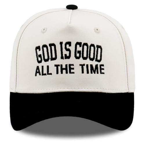 Embroidered Christian Two-Tone Baseball Cap for Men & Women, Adjustable Dad Hat Christmas Easter Gift - color: God is Good All the Time, Black/Beige