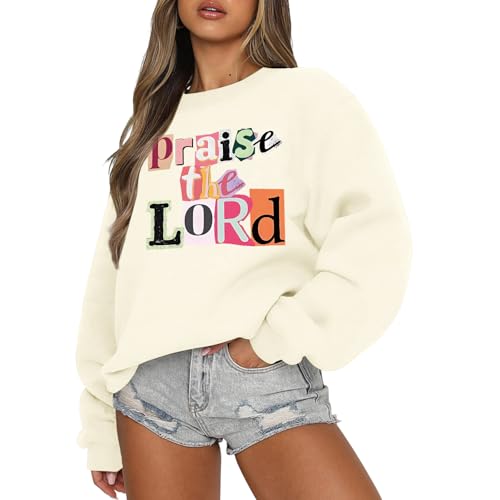 Christian Sweatshirts for Teen Girls Praise The Lord Bible Verse Sweatshirt Jesus Faith Religious Crewneck Hoodie - color: Apricot, size: 16 Years