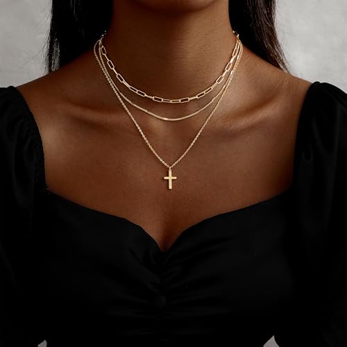 Cross Necklace for Women 14K Gold Silver Plated Small Cross Necklace Dainty Cross Pendant Choker Simple Trendy Cute Sideway Cross Charm Chain Necklaces for Women Trendy Christian Baptism Religious Faith Jewelry Gifts - size: Gold-114