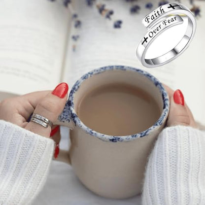 Faith Over Fear Cross Inspirational Rings for Women Daughter, Christian Blessed Hope Love Encouragement Rings Adjustable Open Tiny Purity Wrap Thumb Cross Ring Jewelry Graduation Cocktail Party - color: Silver