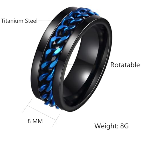Mens Fidget Rings Anxiety Ring for Men 6mm 8mm Chain Spinner Ring Size 5-14 - color: Black Blue