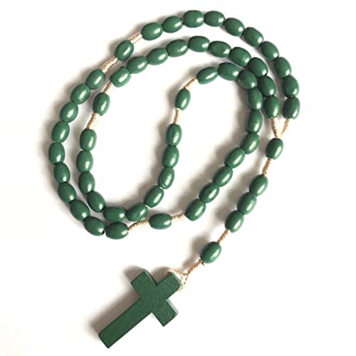 COLORFUL BLING Natural Wooden Catholic Rosaries Wood Crucifix Prayer Beads Pendant Necklace Prayer Jesus Religious Cross Rosary Necklace Handmade Jewelry - color: green pure
