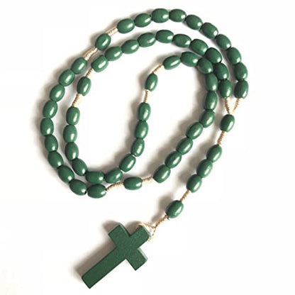 COLORFUL BLING Natural Wooden Catholic Rosaries Wood Crucifix Prayer Beads Pendant Necklace Prayer Jesus Religious Cross Rosary Necklace Handmade Jewelry - color: green pure