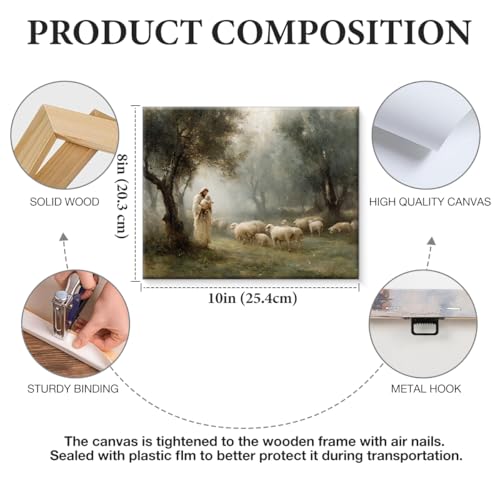 Christian Jesus Sheep Wall Art Decor Religious the Shepherd Canvas Print Painting Spring Easter Wall Decorations for Home Farmhouse 8x10 Inch Framed - color: Christ-3