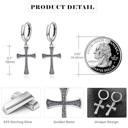 Cross Earrings 925 Sterling Silver Cross Dangle Earrings Christianity Jewelry Gift for Men Women - style: Cross-Silver