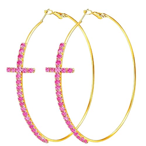 Large Cross Hoop Earrings for Women Sparkly Rhinestone Statement Jewelry for Prom Wedding Party Night Out Accessories Shiny Silver Tone Fashion Dangle Earings - color: Pink