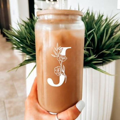 SANDJEST Monogrammed Gifts for Women - Monogram J Initial Glass Cup 16 Oz Can Coffee Cups with Lid and Straw - Monogram Initials Gifts for Womens on Birthday - color: Initial J