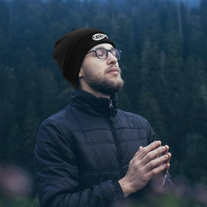 Black Flexible Classic Adult Beanie Cap for Men Women - Warm Knitted Hat for Winter, Chemo Cap Headwear - color: Jesus Fish