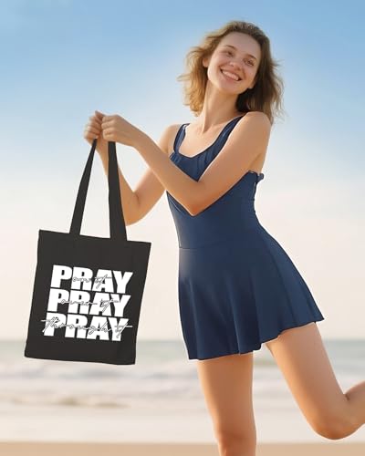 Women's Pray On It Pray Over It Pray Through It Canvas Tote Bag Religious Prayer Christian Gift Reusable Grocery Bag - color: Black