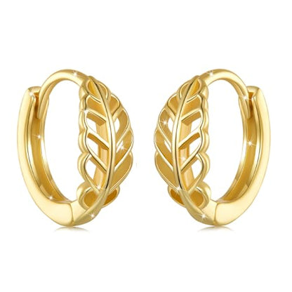Turquoise Cross Hoop Earrings for Women 14K Gold Plated Infinity Angel Feather Pearl Turquoise Cross Star Hypoallergenic Post Christan Everyday Huggie Jewelry Gift - color: Gold Leaf