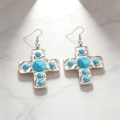 Chunky Gold Silver Cross Drop Dangle Earrings for Women Statement Western - color: Silver-Turquoise