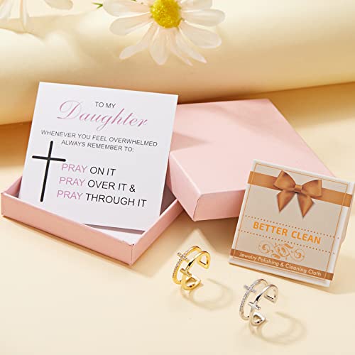 Harlermoon To My Daughter Pray Through It Cross Ring Double Cross Adjustable Baptism Gold CZ Diamond Creative Wedding Commitment Ring for Woman - color: silver&gold