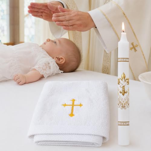 Baptism Candle Set for Boy Girls, Gold Baptismal Candles with Towel - color: Baptism Candle Set
