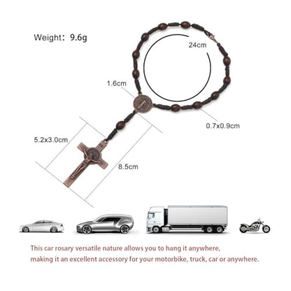 KOMI 2 PCS Wood Rosary Beads for Car Rearview Mirror, Handmade Wooden Rosary with St Benedict Medal and Crucifix Cross Car Rosaries Catholic Gifts - size: 2 pieces Wood
