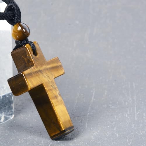 Justinstones Natural Gemstone Carved Cross Reiki Chakra Pendant Necklace 22 Inch - color: 30mm Yellow Tiger Eye