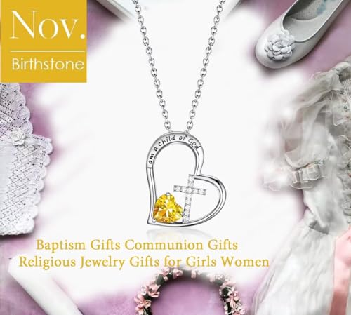 Birthstone Cross Necklace for Girls, Child of God Cross Gifts Jewelry - color: 11. November, style: 01. Silver