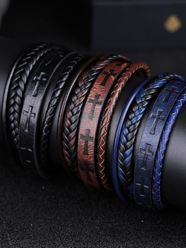 Mens Leather Cross Bracelet Multilayer Braided Wristband Bangle Bracelets with Stainless Steel Buckle Religious Gift for Men Brown/Black/Blue–8.3 inch - color: Black-1, size: 9in(Fits larger wrists)