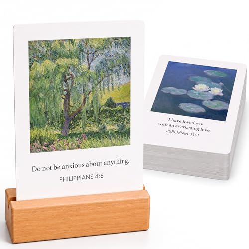 Bible Verse Cards with Wood Stand, 48 Prayer Cards for Daily Display - color: Vintage Paintings