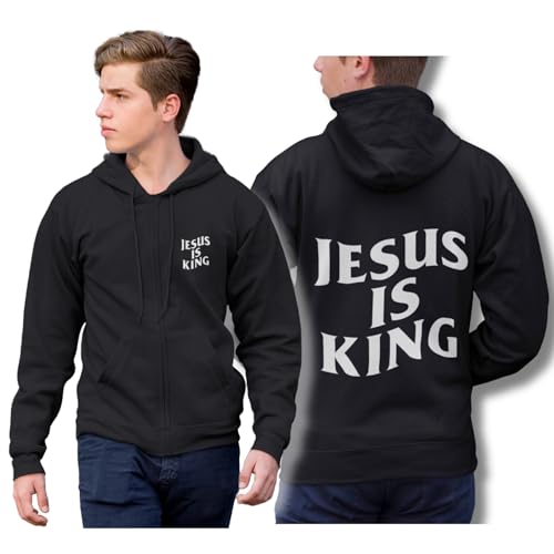JESUS IS KING ZIP UP Hoodie, Unisex Christian Pullover Double Sided Zipup Sweatshirt with Front Pockets - color: Black, size: Medium
