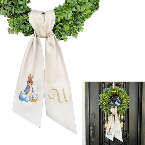 Rabbit Easter Wreath Bow Custom Embroidered Monogram Spring Bunny Wreath Sash for Front Door Hand Tailored Easter Decorations Spring Bows for Wreaths (U) - color: U