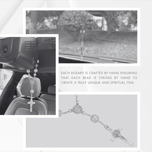 One Decade Car Rosary with St. Benedict Medal Catholic Auto Rear View Mirror Charm Pink Glass Beads Spiritual Protection Pendant Religious Car Accessories for Men and Women - color: Pink