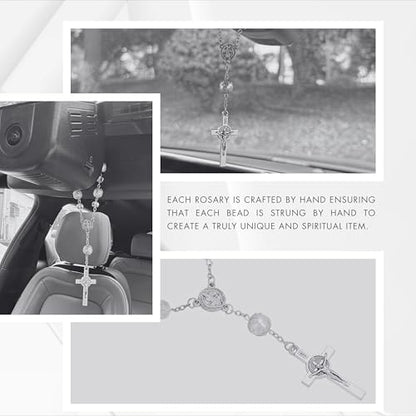 One Decade Car Rosary with St. Benedict Medal Catholic Auto Rear View Mirror Charm Pink Glass Beads Spiritual Protection Pendant Religious Car Accessories for Men and Women - color: Pink