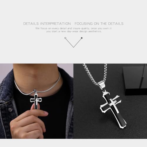 OLEVS Men's Cross Pendant Necklace Large Stainless Steel Cross Pendant Necklace for Men Women - color: black silver