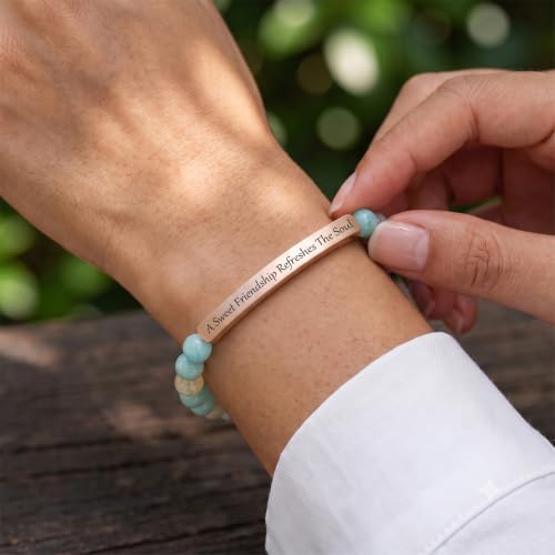 Inspirational Christian Bracelet for Women, 18K Gold Plated Bible Verse Jewelry with Amazonite Beads, Religious Faith Gift for Mom, Daughter, Sister, Friend - color: A Sweet Friendship Refreshes The Soul-Amazonite Rose Gold